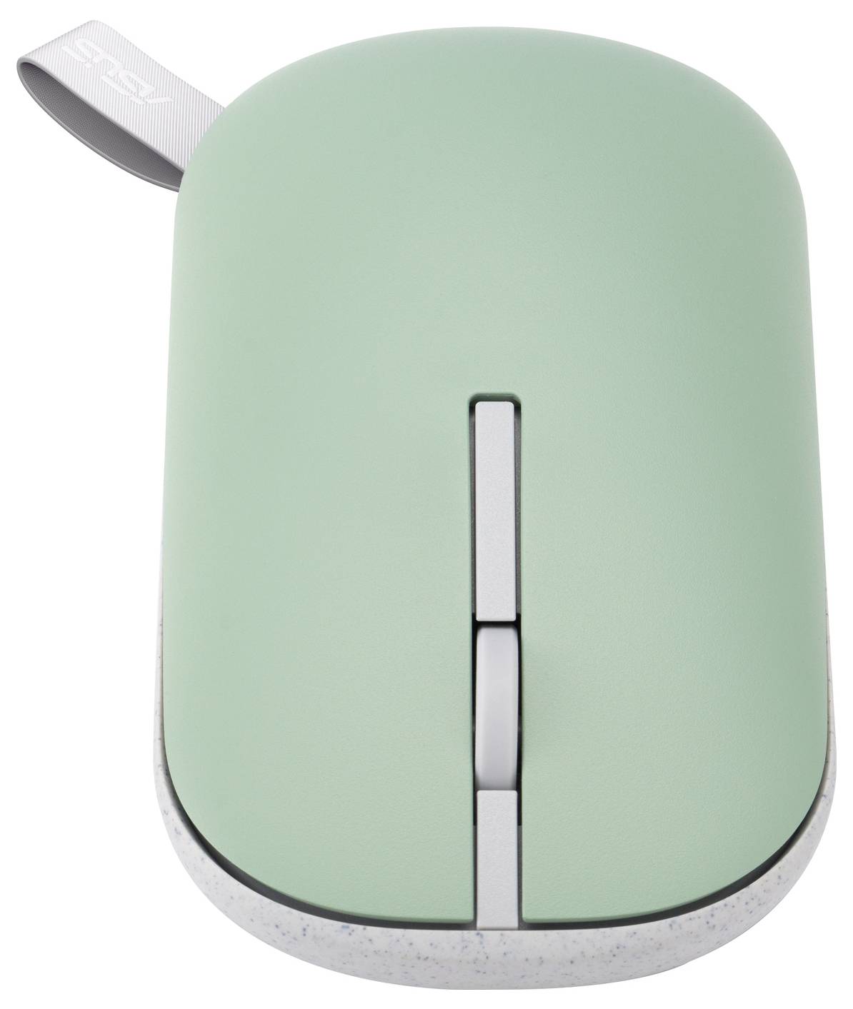 Minzgrüne kabellose Computermaus mit elegantem Design, silbernem Scrollrad und Stoffschlaufe oben zum einfachen Tragen.