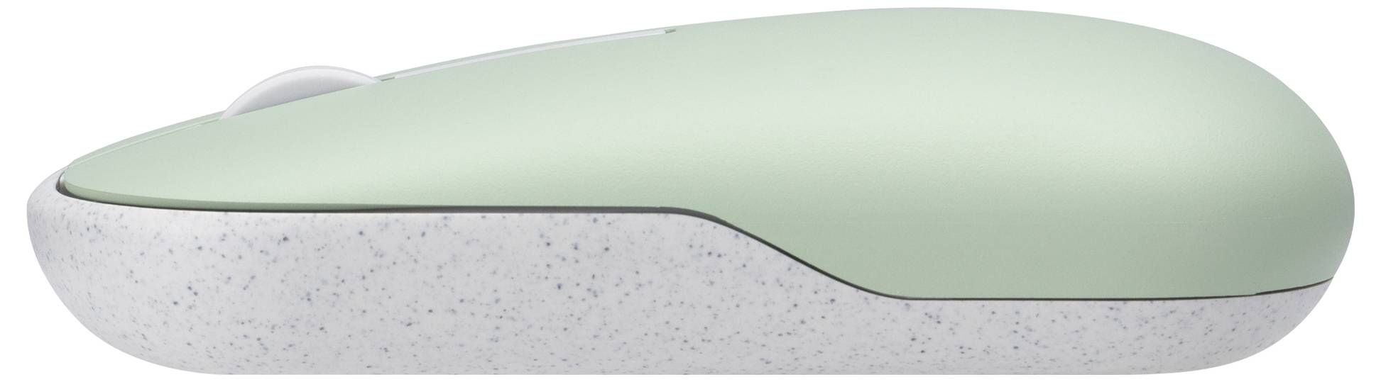 Eine schlanke, ergonomische, minzgrüne kabellose Computermaus mit einer dezent gesprenkelte Basis.