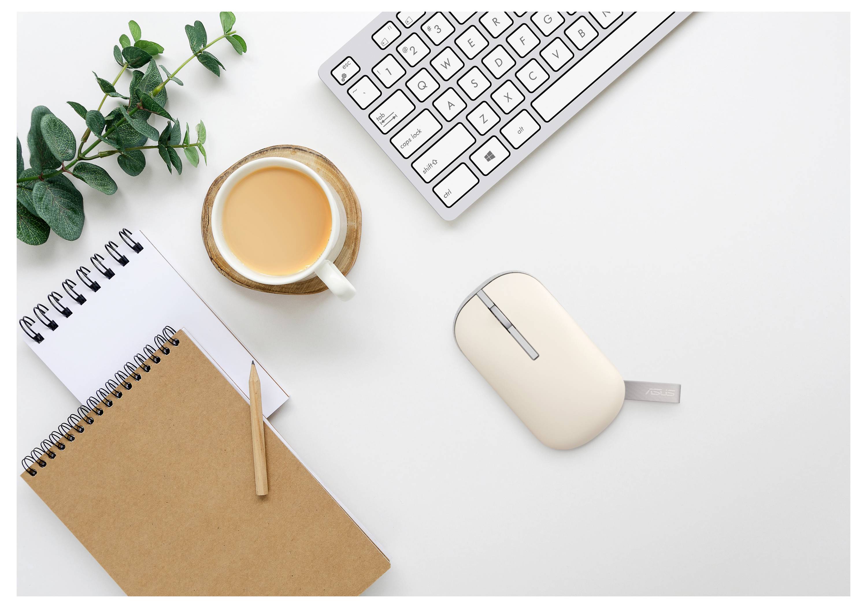 Arbeitsplatz mit Tastatur, Maus, Teetasse, Notizbuch, Stift und Pflanze auf einem weißen Schreibtisch.