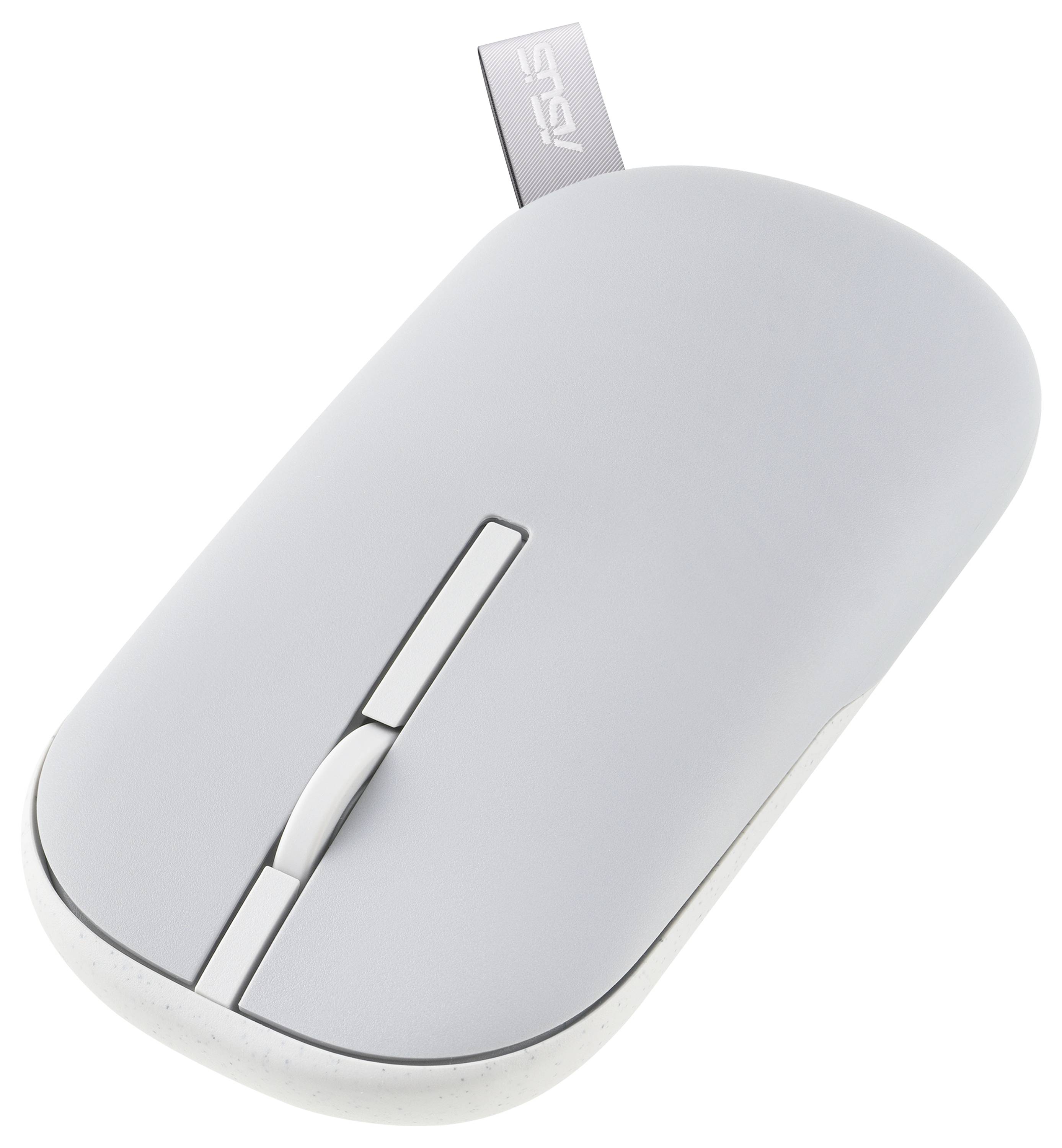 Eine drahtlose Computermaus mit minimalistischem Design, ausgestattet mit einer grauen Oberfläche und einem Scrollrad. Das Markenlogo ist am oberen Rand sichtbar.