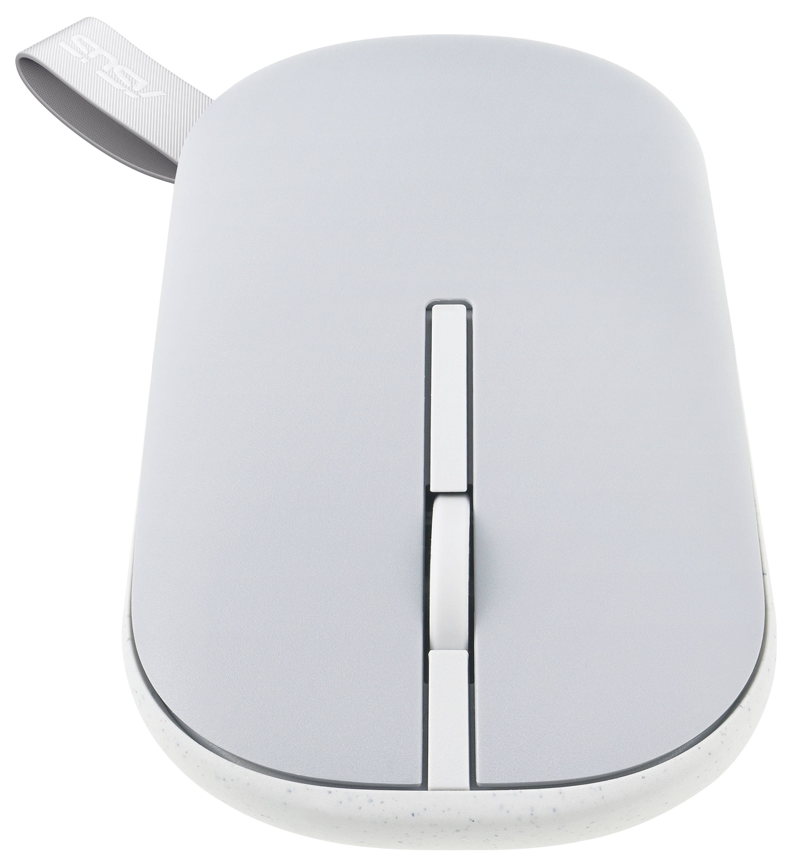 Eine schlanke, moderne graue Computermaus mit minimalistischen Tasten und einer Stoffschlaufengriff, die für ergonomische Nutzung entwickelt wurde.