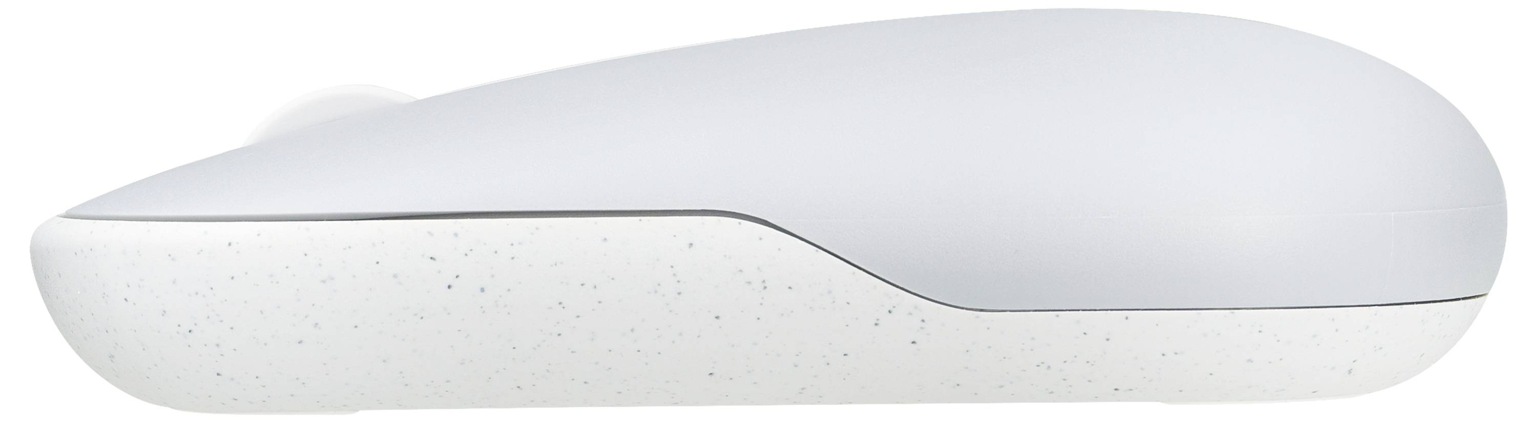 Eine schlichte, moderne drahtlose Computermaus mit einer glatten weißen Oberfläche und subtiler gesprenkelter Struktur, von der Seite betrachtet.