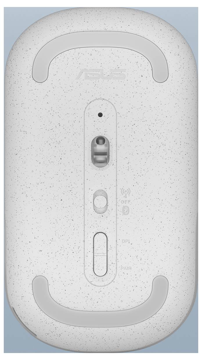 Eine weiße Computermaus mit gesprenkelte Optik, ausgestattet mit einem Ein-/Ausschalter, DPI-Taste und drahtlosem Indikator auf der Unterseite.