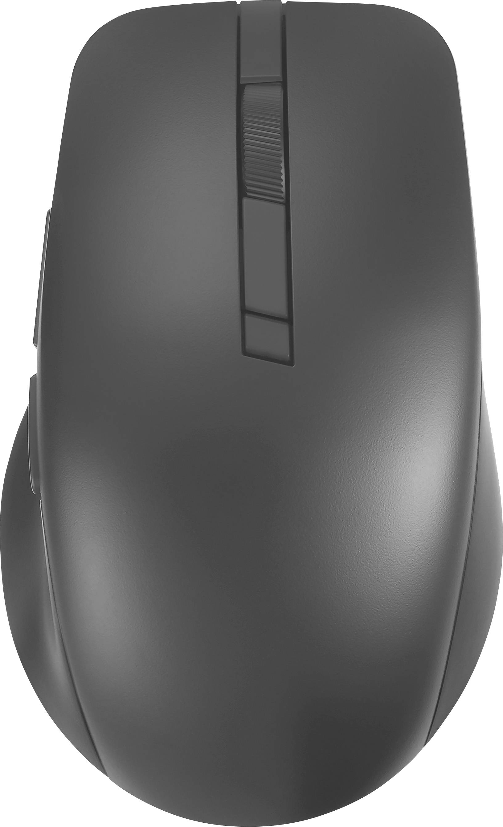 Eine elegante, moderne schwarze Computermaus mit Scrollrad und zwei seitlichen Tasten, von oben betrachtet.