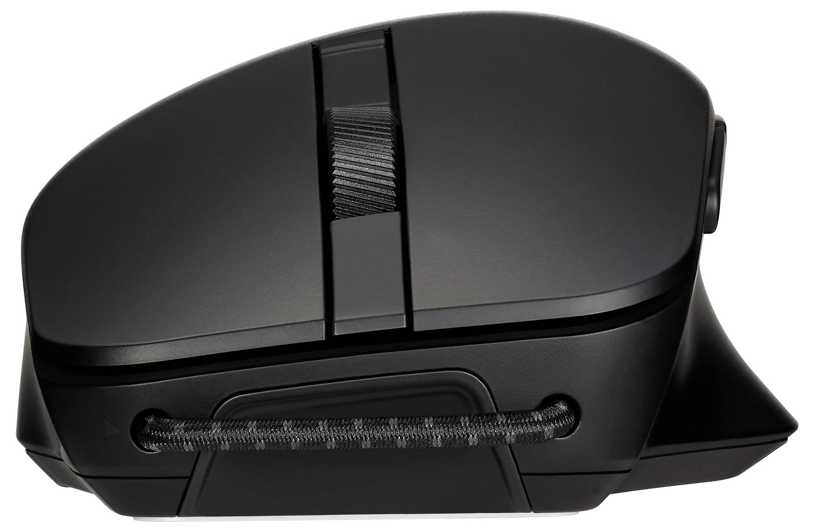 Eine schwarze kabellose Computermaus mit einem schlanken, ergonomischen Design und einer strukturierten Scrollradrolle, auf einem weißen Hintergrund positioniert.