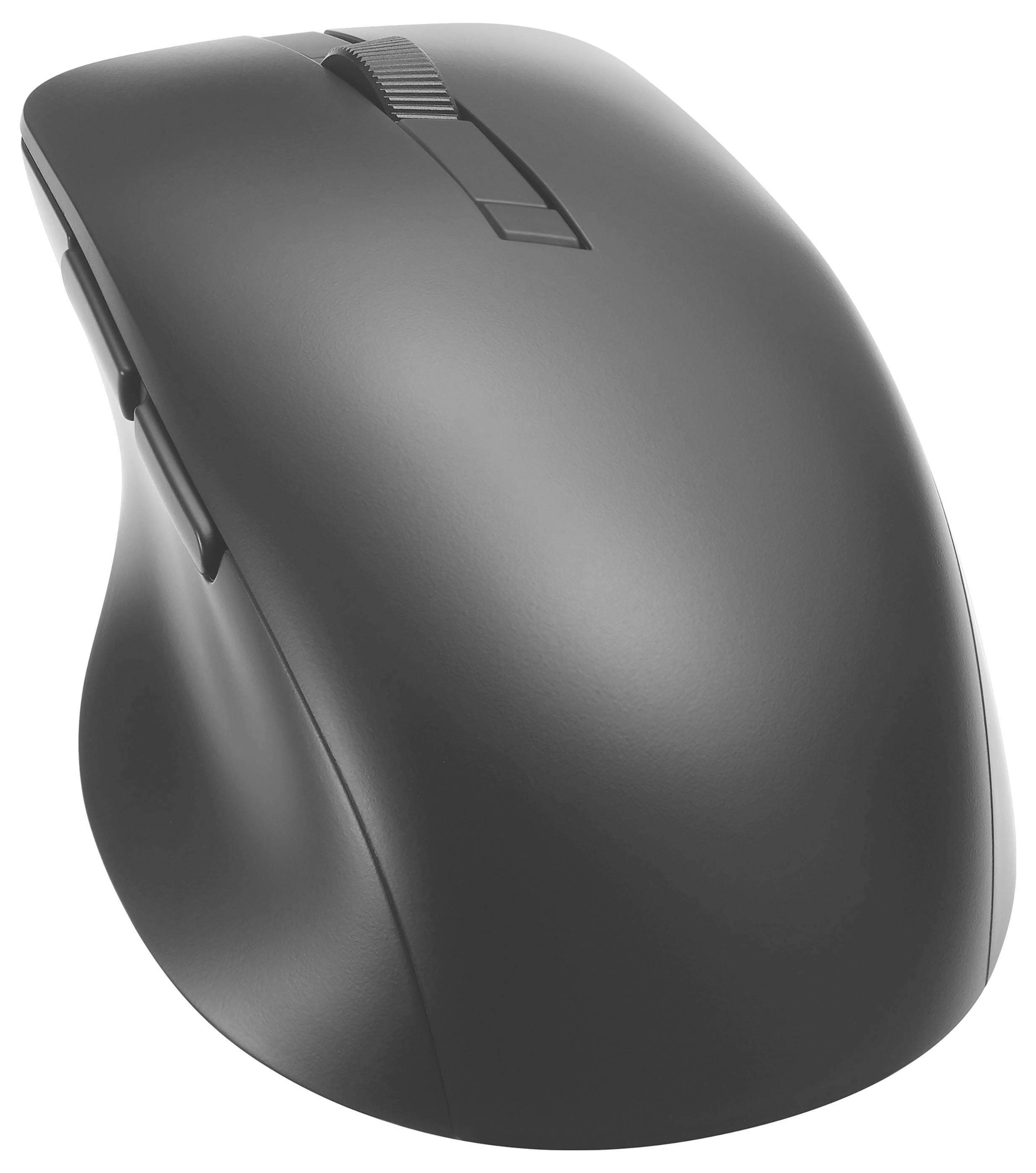 Eine schlanke, schwarze drahtlose Computermaus mit Scrollrad und seitlichen Tasten, die für ergonomischen Komfort und Effizienz entwickelt wurde.