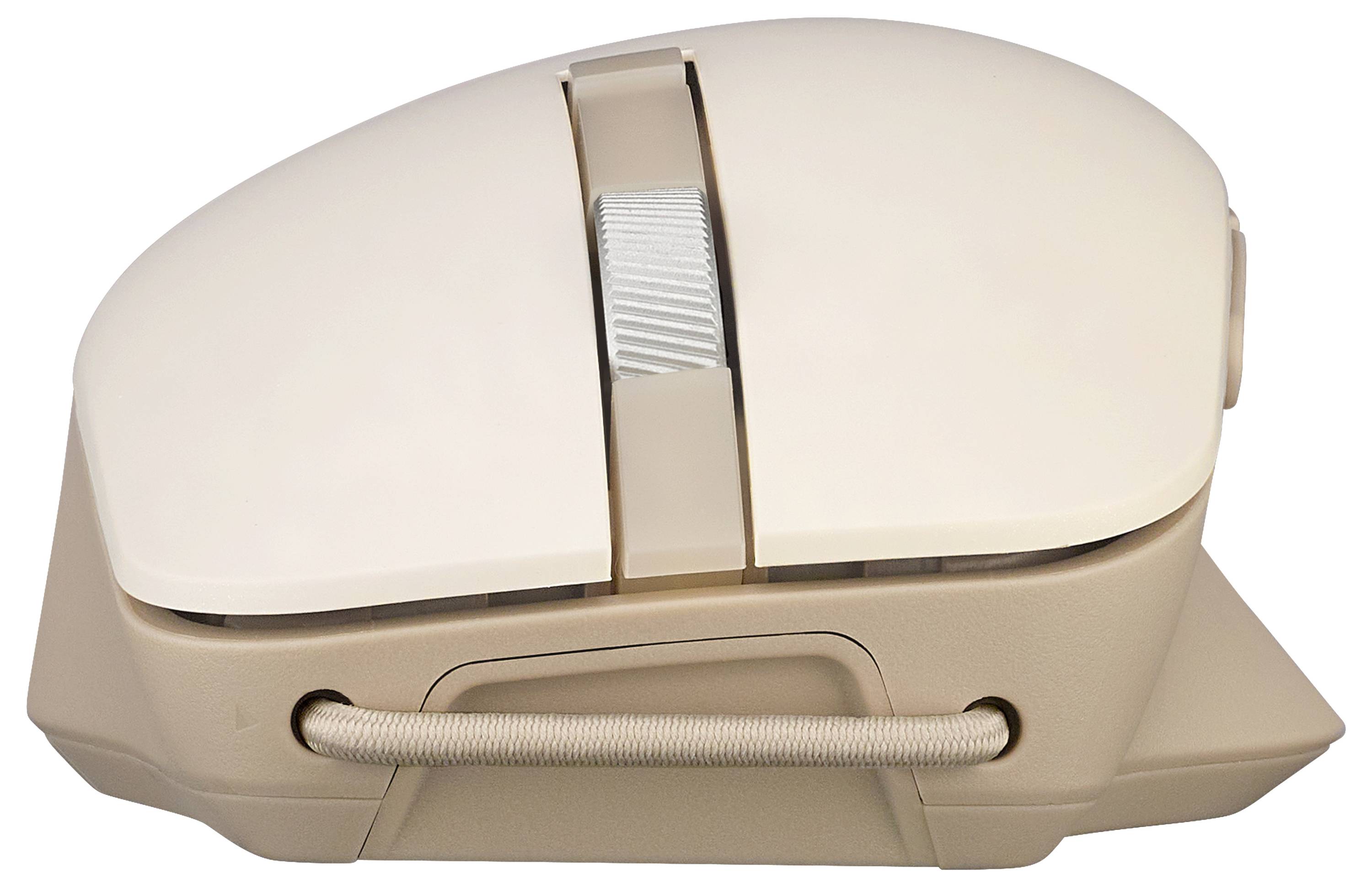 Eine beige Computer-Maus mit einem vertikalen Scrollrad, ergonomischem Design und um die Basis gewickeltem Kabel zur Aufbewahrung.