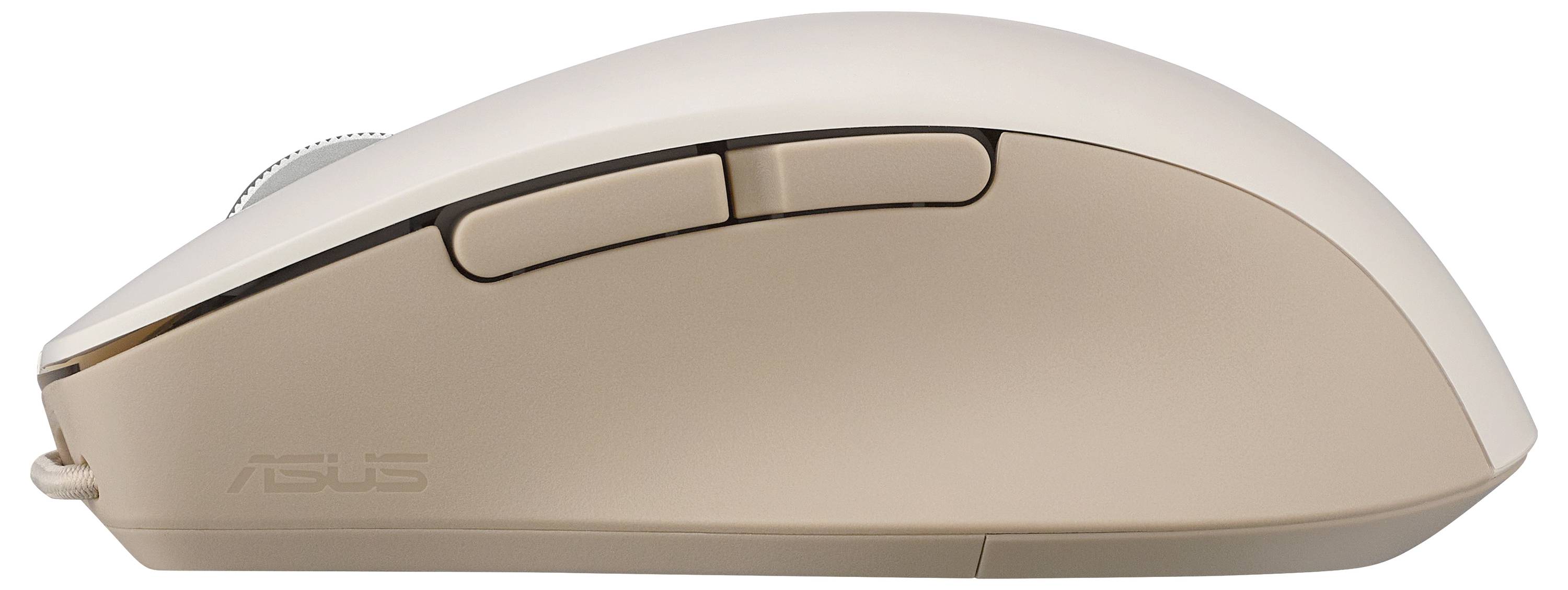 Eine beige Computermaus mit elegantem Design und zwei seitlichen Tasten, auf der seitlich das ASUS-Logo angebracht ist.