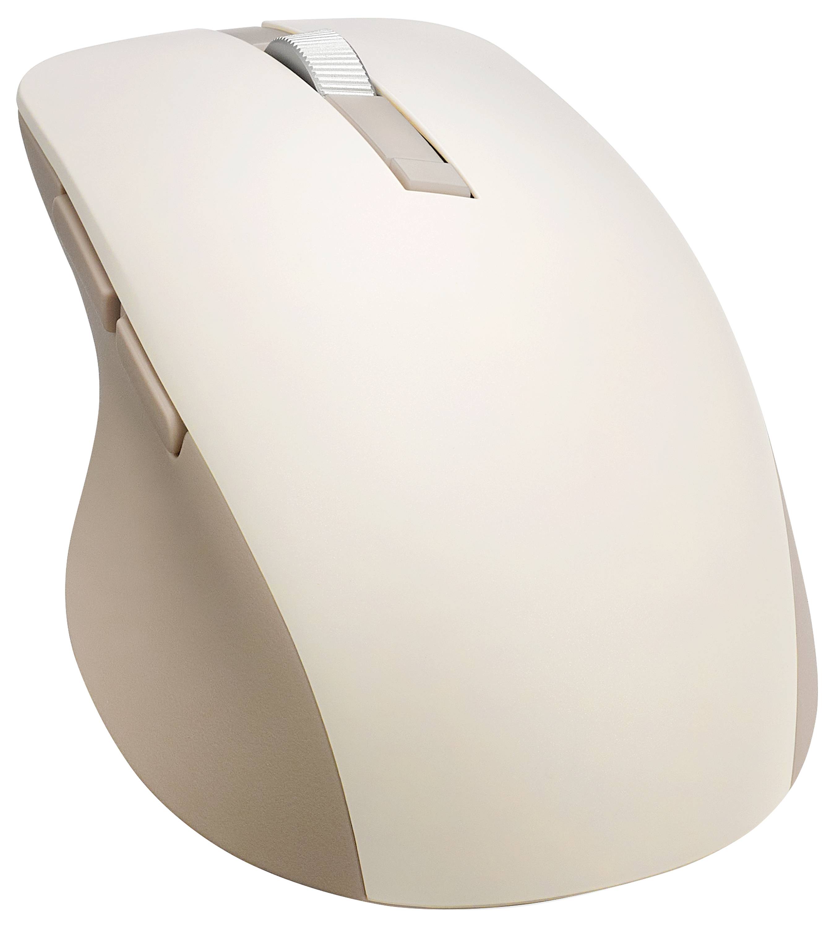 Eine beige Computermaus mit einem Scrollrad und zwei Tasten, diagonal auf einem schlichten Hintergrund positioniert.