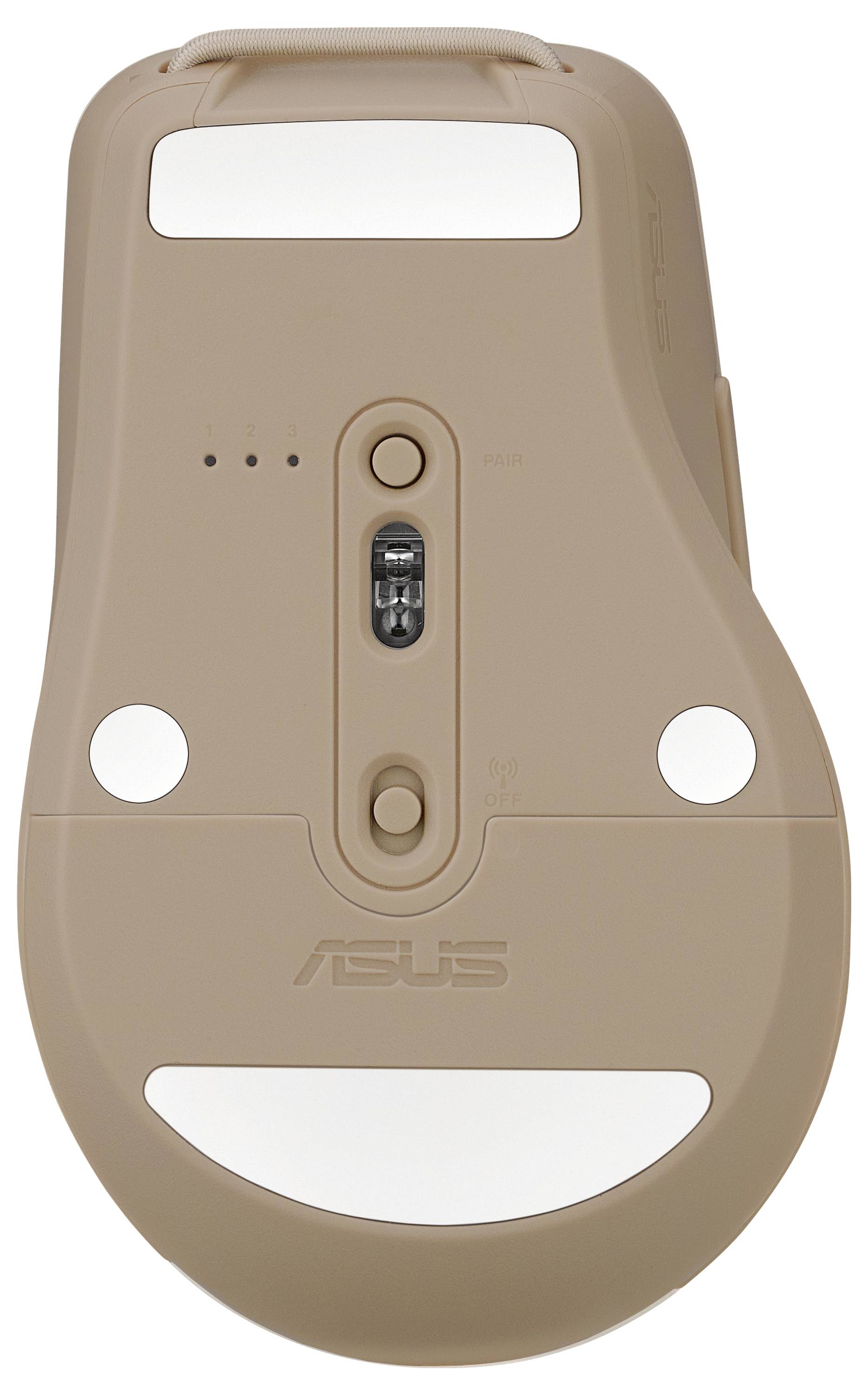 Eine beige Computermaus mit sichtbarem Sensor, Scrollrad und Markenlogo.