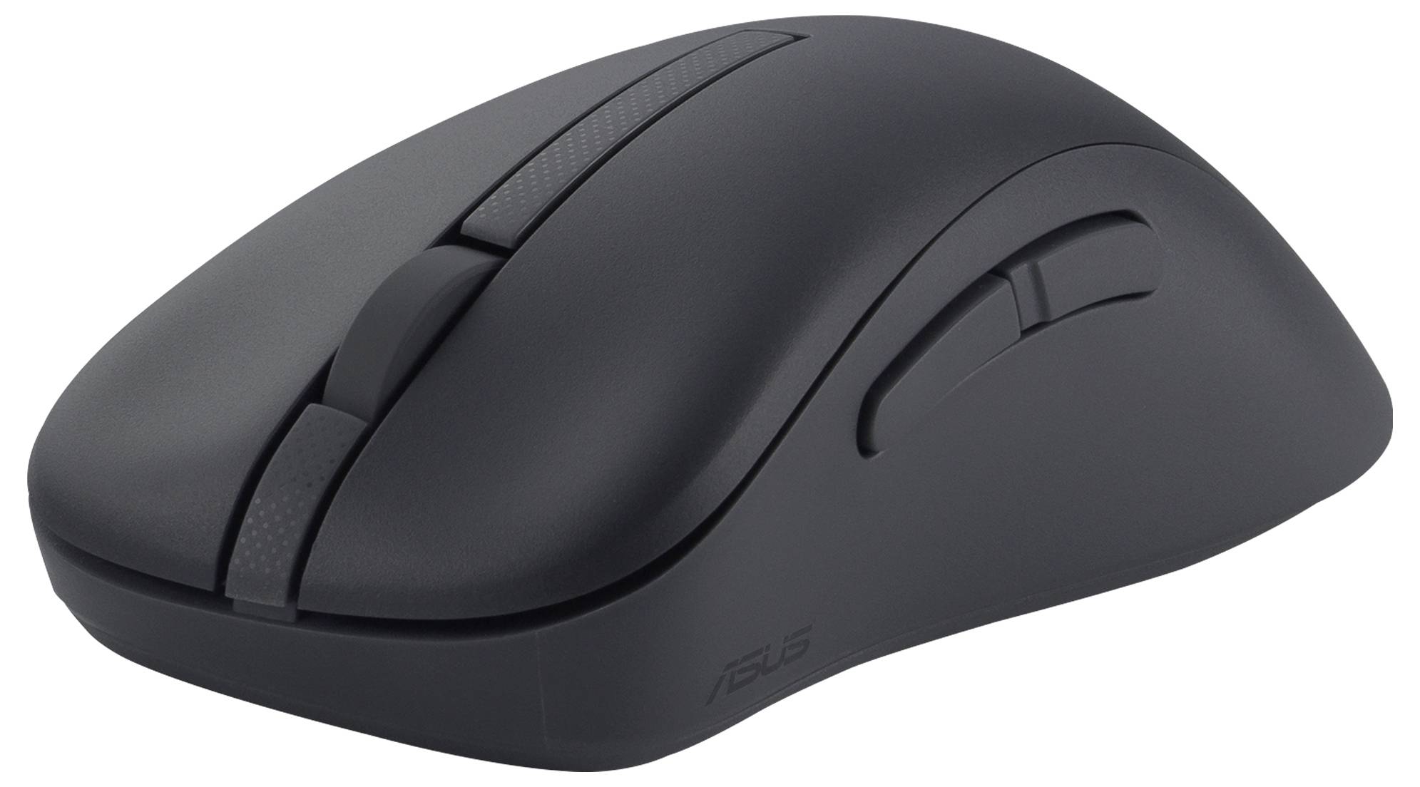 Eine schwarze Computermaus mit einem Scrollrad und zwei Tasten oben, versehen mit einer seitlichen Taste für zusätzliche Funktionalität.