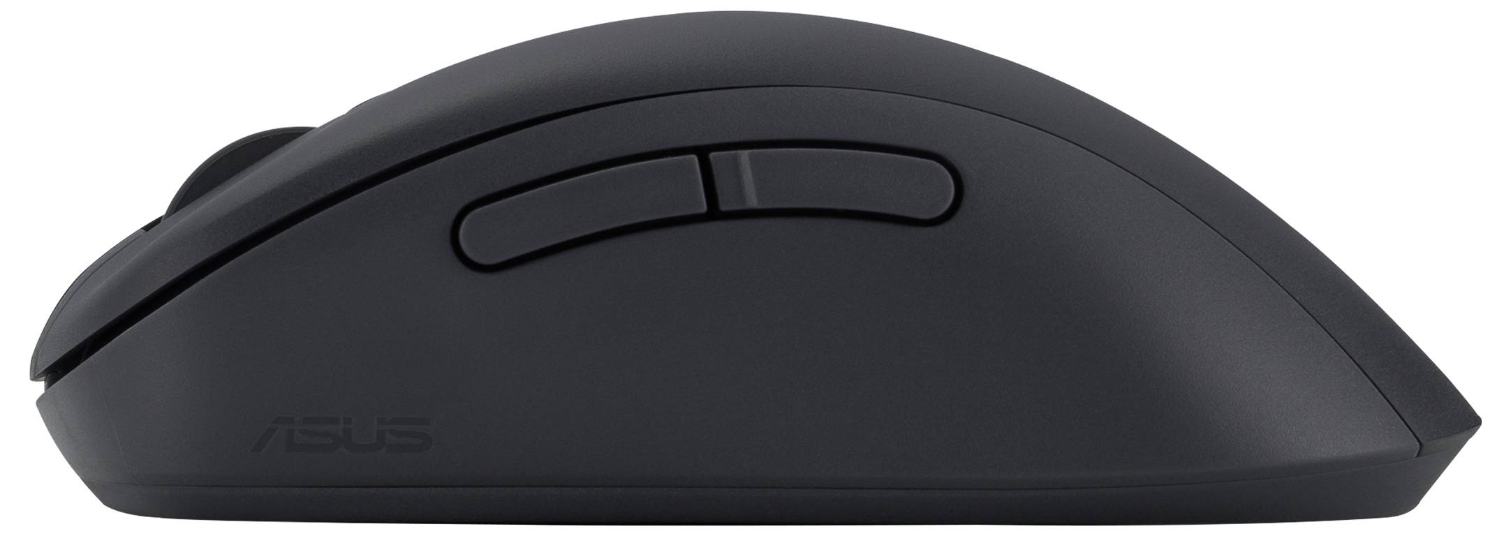 Eine schwarze Computermaus, die eine Seitenansicht zeigt mit zwei zusätzlichen Tasten an der Seite.