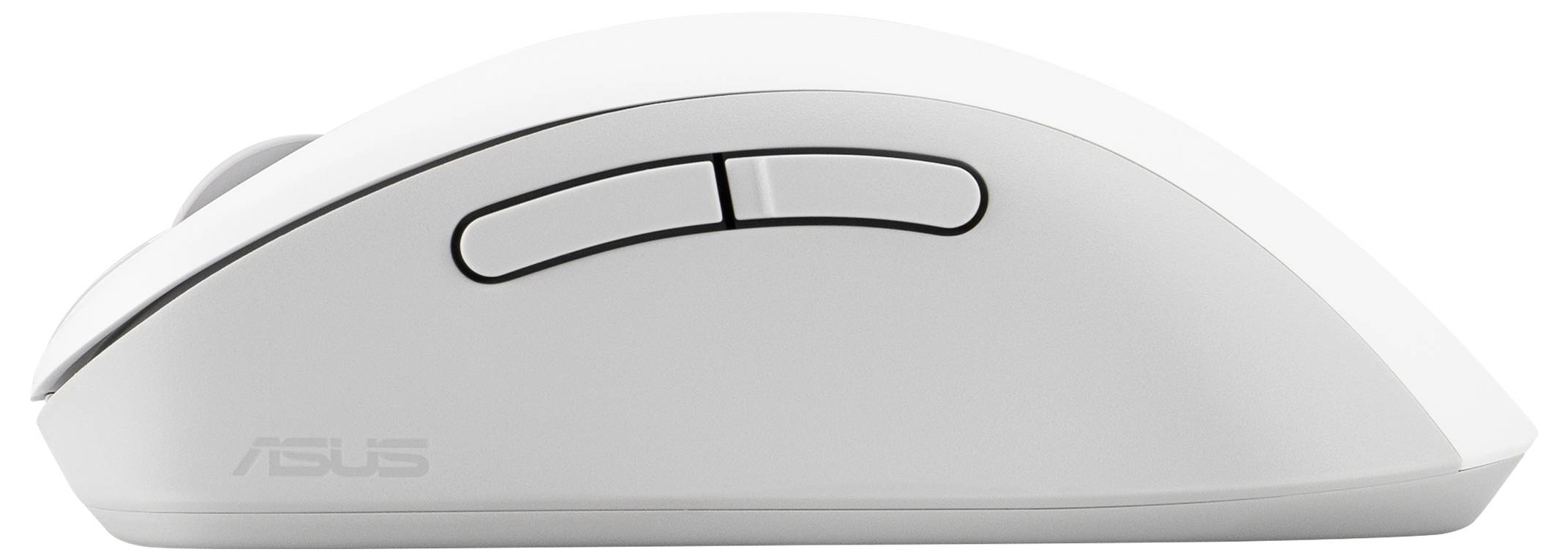 Eine weiße Computermaus mit zwei seitlichen Tasten und einem schlanken, geschwungenen Design.