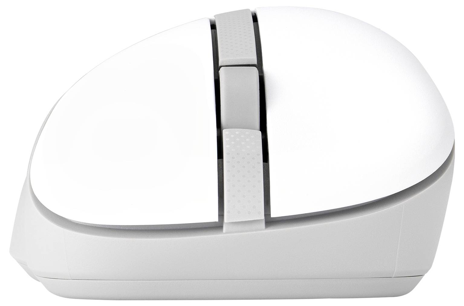 Eine weiße, ergonomische kabellose Computermaus mit elegantem Design, ausgestattet mit zwei Tasten und einem Scrollrad, von der Seite betrachtet.