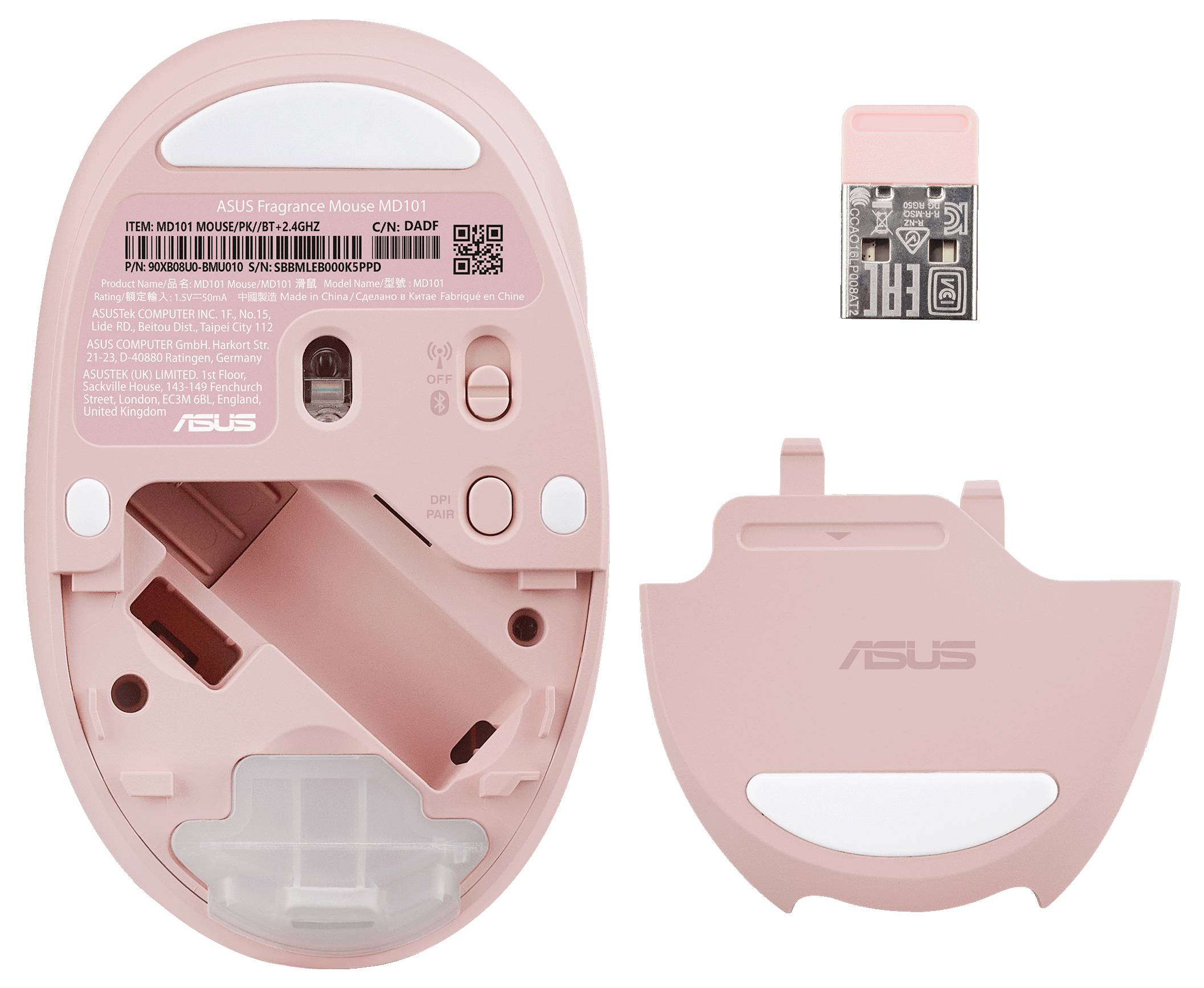 Rosa kabellose Maus mit abgenommenem Deckel, der das interne Batteriefach freilegt. Enthält USB-Dongle für die Konnektivität.