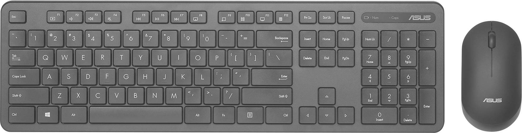 Eine schwarze kabellose Tastatur-Maus-Kombination mit Branding in der oberen rechten Ecke. Die Tastatur verfügt über einen Ziffernblock.