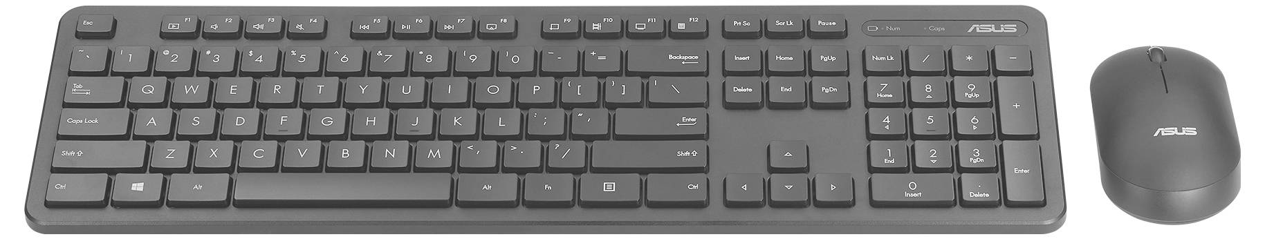 Eine schwarze drahtlose Computertastatur und Computermaus mit minimalistischem Design, beide mit ASUS-Logos versehen, auf einem weißen Hintergrund präsentiert.