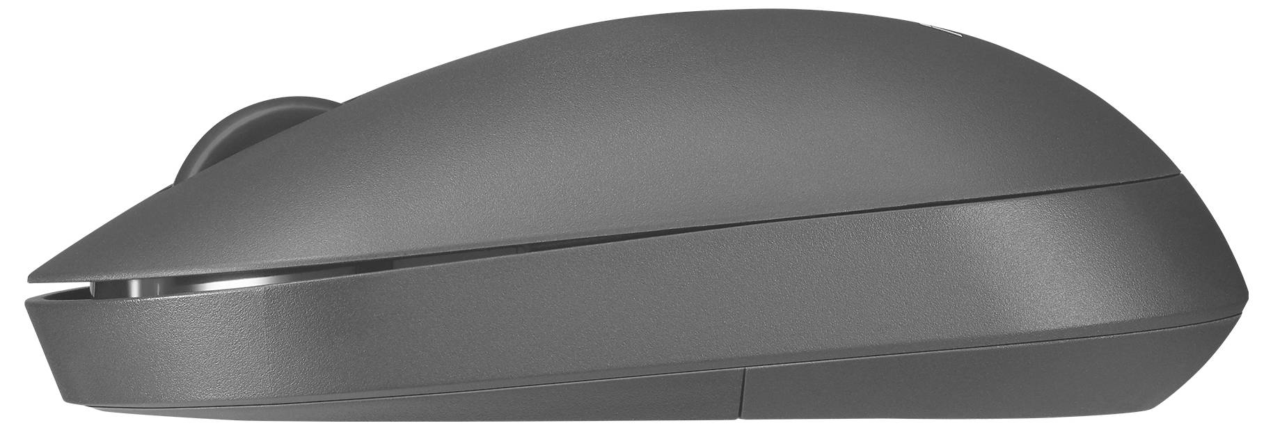 Eine schlanke, graue kabellose Computermaus, von der Seite gezeigt, die ihr glattes, ergonomisches Design hervorhebt.