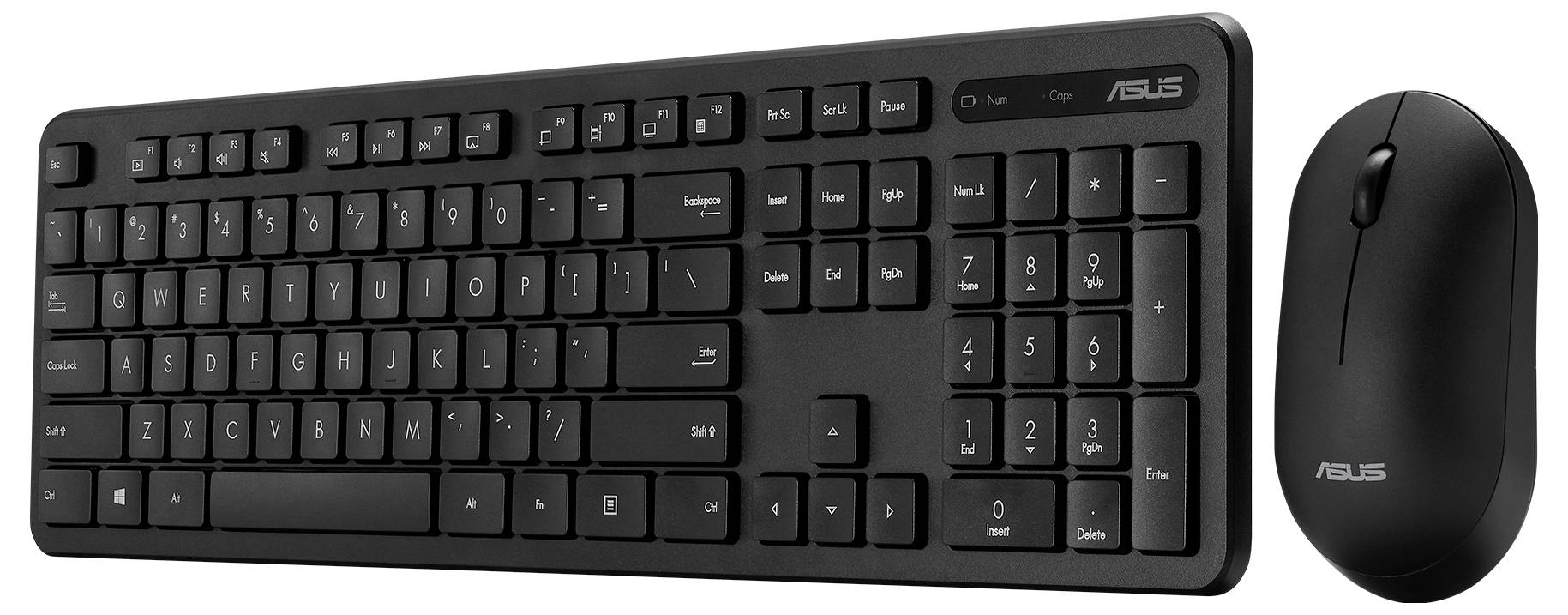 Eine schwarze ASUS Wireless-Tastatur und -Maus mit Standardlayout und Nummernblock.