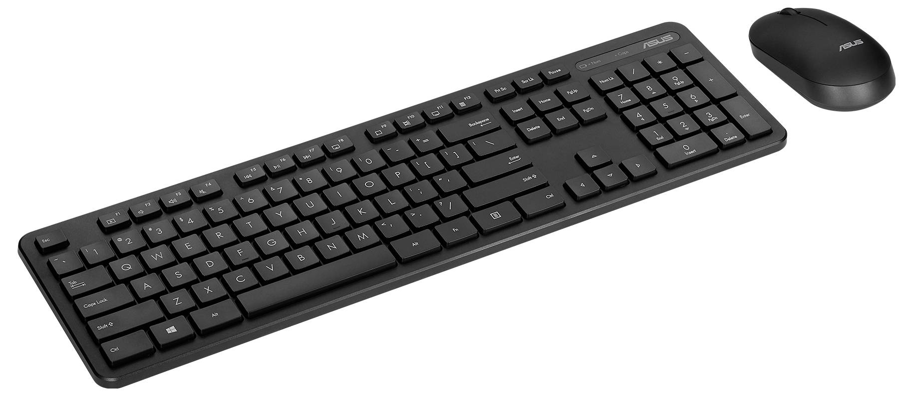 Eine schwarze kabellose Tastatur und Maus-Set, die auf weißem Hintergrund platziert sind. Die Tastatur hat eine Standardanordnung und die Maus ist kompakt.