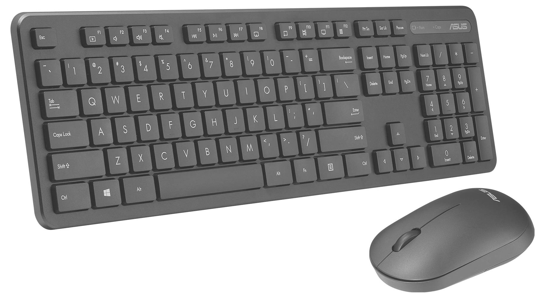 Eine schwarze kabellose Tastatur und Maus auf einem weißen Hintergrund. Die Tastatur verfügt über ein Standardlayout in voller Größe mit Multimediatasten.
