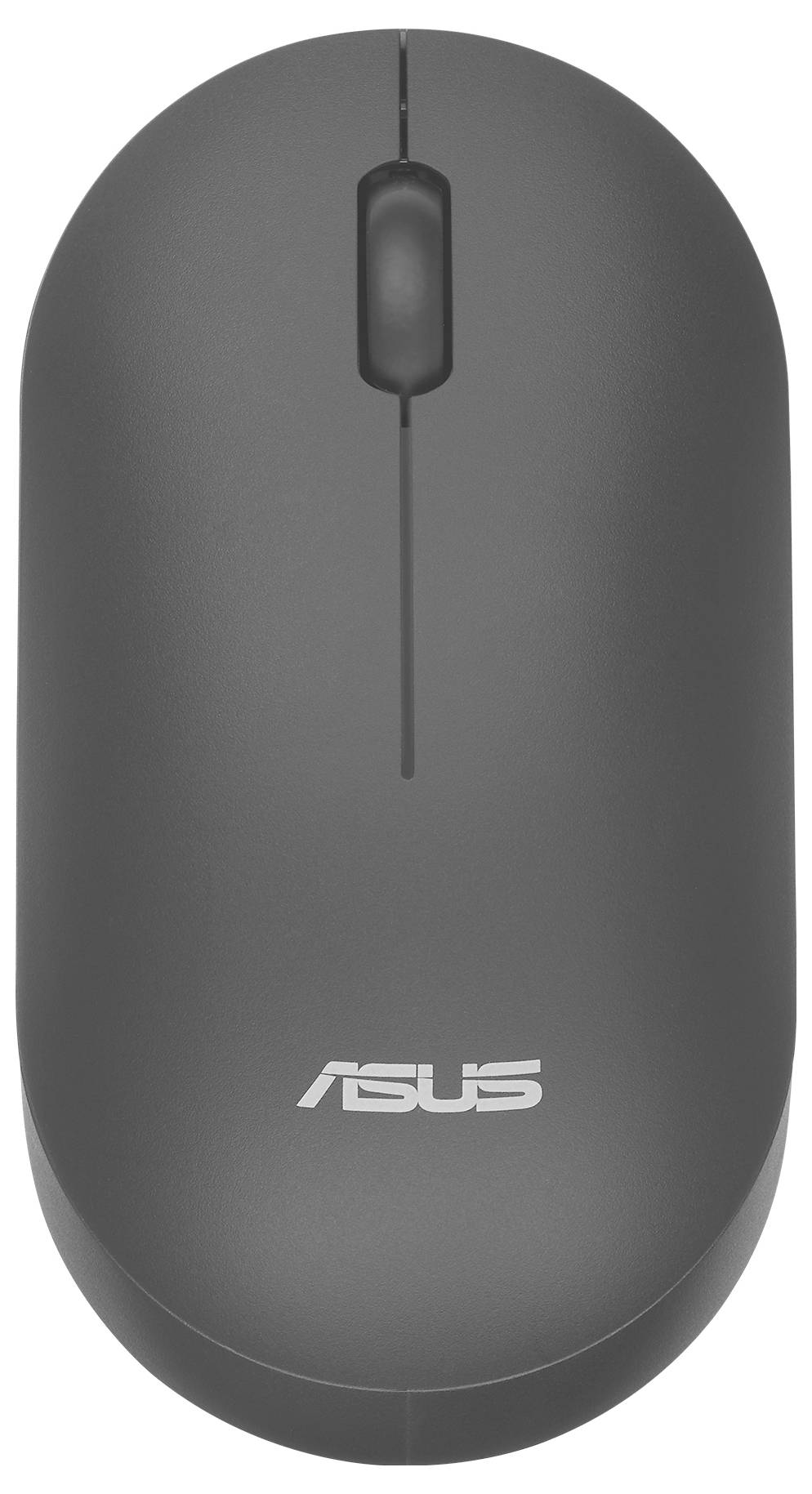 Eine schlanke, graue drahtlose Computermaus mit einem Scrollrad, die das Asus-Logo auf ihrer Oberfläche trägt, von oben betrachtet.