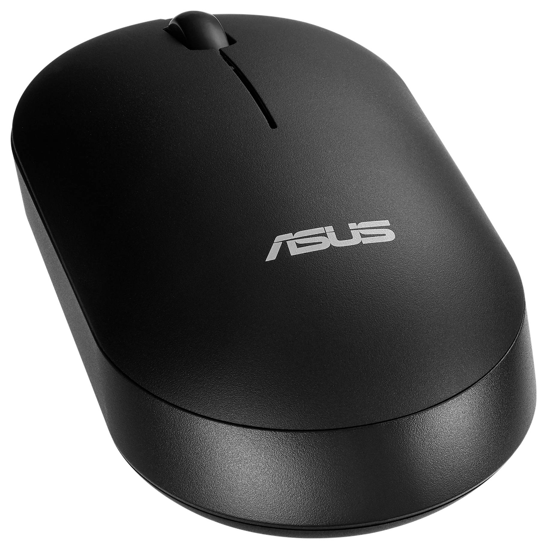 Eine schwarze drahtlose Computermaus mit Scrollrad, auf der oben das 'ASUS'-Logo angebracht ist.