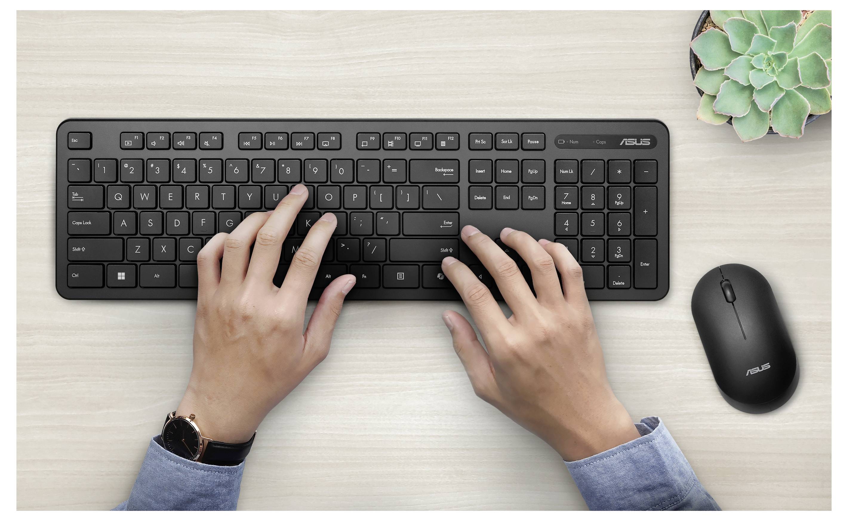 Hände, die auf einer schwarzen ASUS-Funkmastatur mit einer passenden drahtlosen Maus auf einem Holzschreibtisch tippen, neben einer kleinen Topfpflanze.