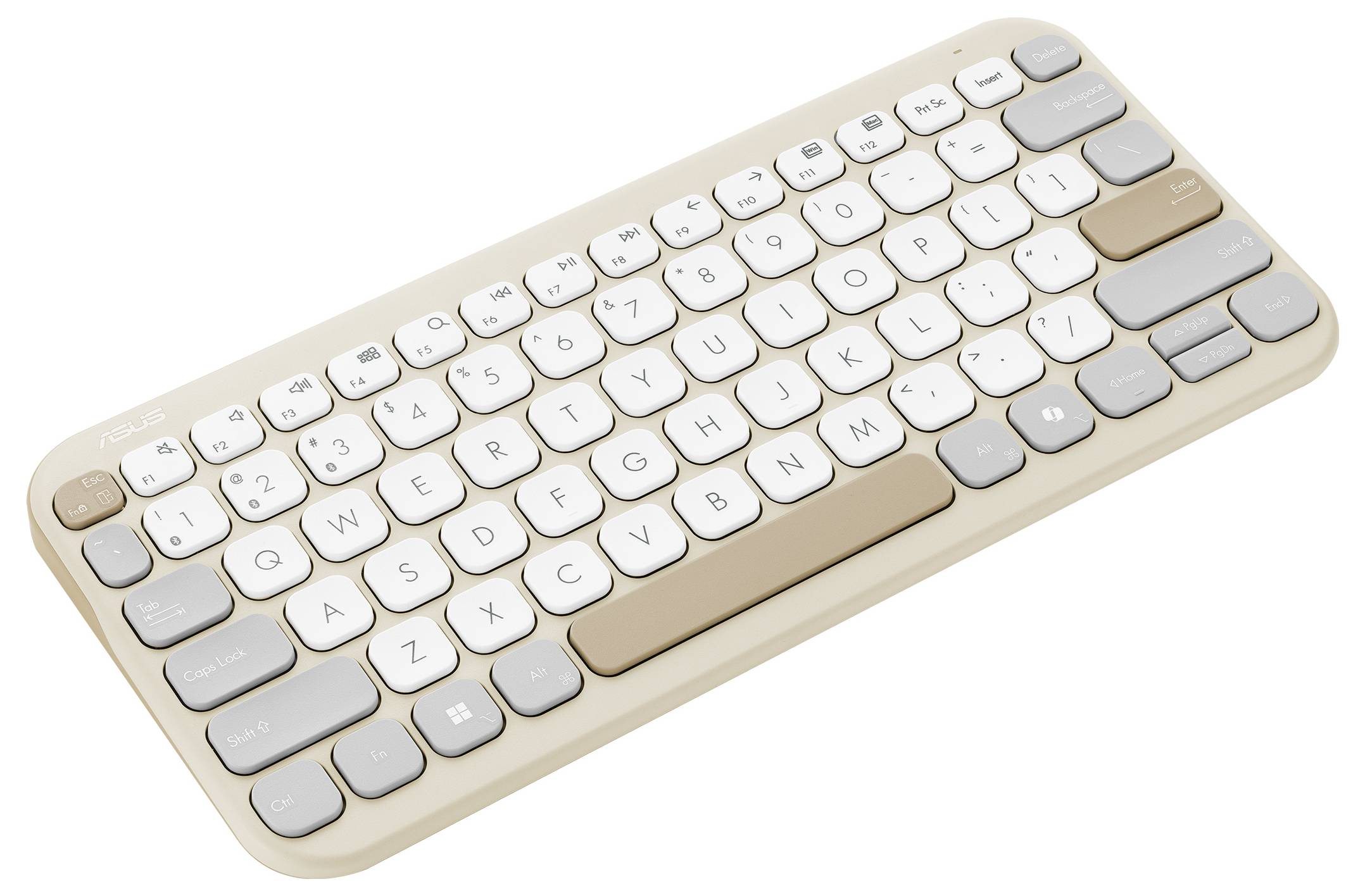 Eine kompakte kabellose Tastatur mit abgerundeten Tasten in einem Farbschema von Weiß, Beige und Hellgrau. Entwickelt für Mobilität und Stil.