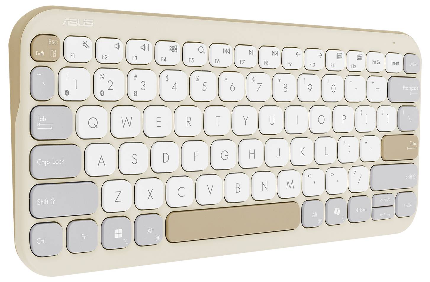 Eine beige und weiße kabellose Tastatur mit abgerundeten Tasten, die ein kompaktes Design aufweist und Funktionstasten von F1 bis F12 über der oberen Reihe hat.