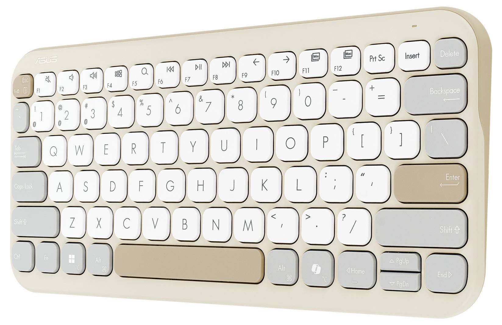 Eine kompakte beige drahtlose Tastatur mit abgerundeten Tasten, Funktionstasten oben und einem integrierten Nummernblock auf der rechten Seite.