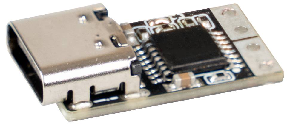 Eine kleine elektronische Leiterplatte mit einem USB-C-Anschluss, verschiedenen Mikrochips und Komponenten, die auf ihrer Oberfläche sichtbar sind.