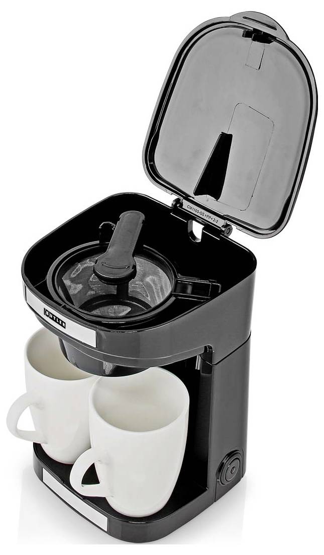 Schwarzer Kaffeemaschine mit zwei weißen Tassen, mit geöffnetem Deckel, der den Wasserbehälter und das Kaffeefilterfach zeigt.