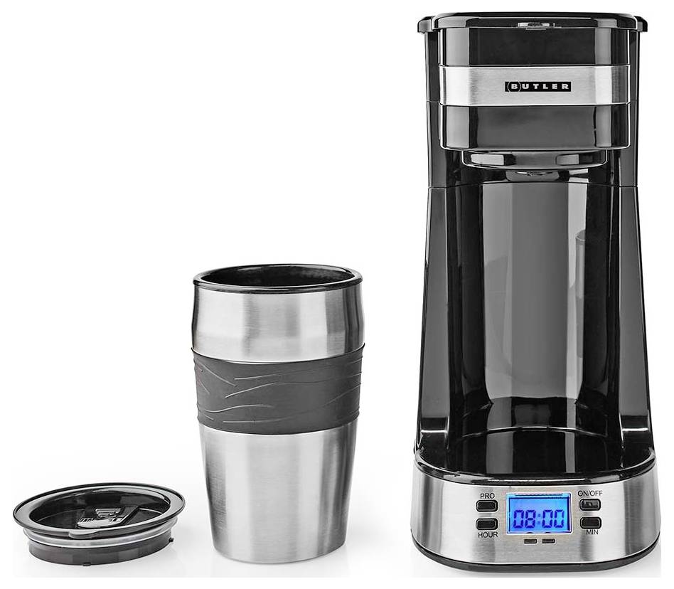 Einzel-Kaffeemaschine mit digitaler Anzeige, auf der '08:00' zu sehen ist, ergänzt durch einen Edelstahl-Reisebecher mit Deckel.