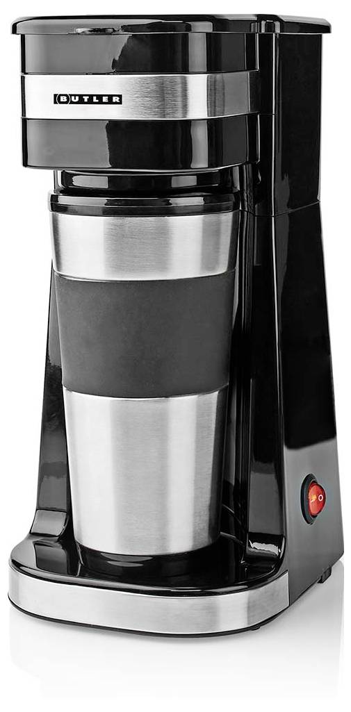 Einzelportionen-Kaffeemaschine für schwarzen Kaffee mit einer Edelstahl-Reisebecher und einem roten Einschaltknopf an der Seite.