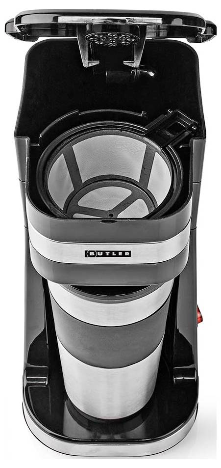 Ein schwarzer und edelstahlerner Kaffeemaschine mit offenem Deckel, der das Filterfach freilegt.