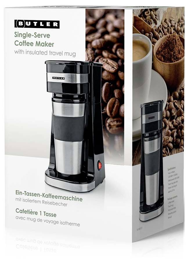 BUTLER Kaffeemaschine für Einzelportionen mit isolierter Reisekaffeetasse