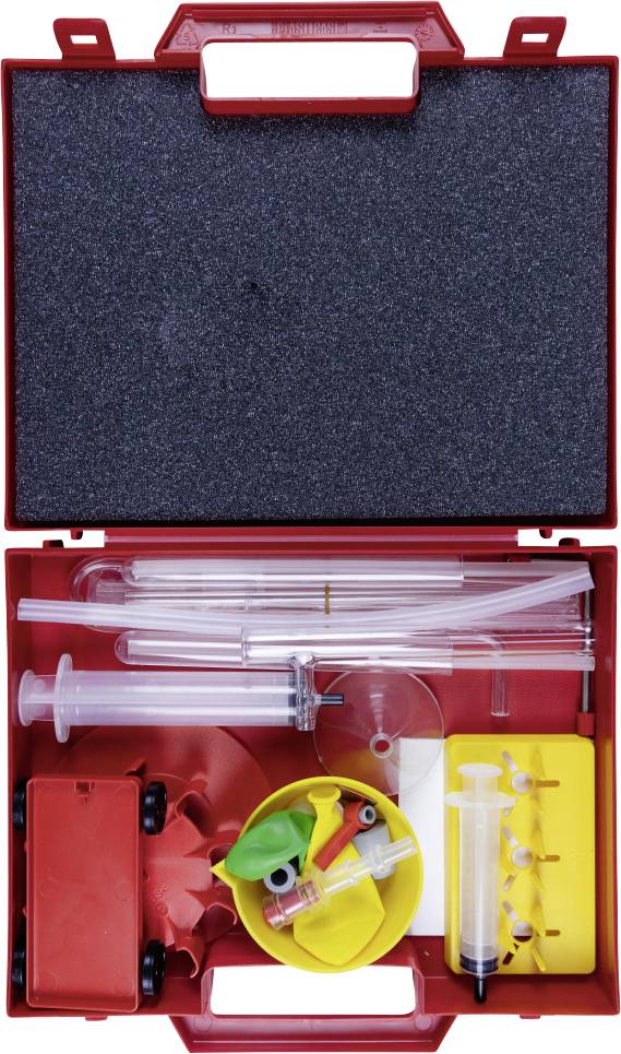 Rotes Kunststoff-Wissenschaftsset mit Spritzen, Glasröhren, Ventilator und Fläschchen, organisiert für Bildungsexperimente in Physik oder Chemie.