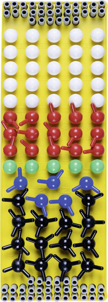 Molekülbaukasten mit farbigen Atomen und Verbindungsstücken auf einem gelben Tablett. Enthält weiße, rote, grüne, blaue und schwarze Teile.