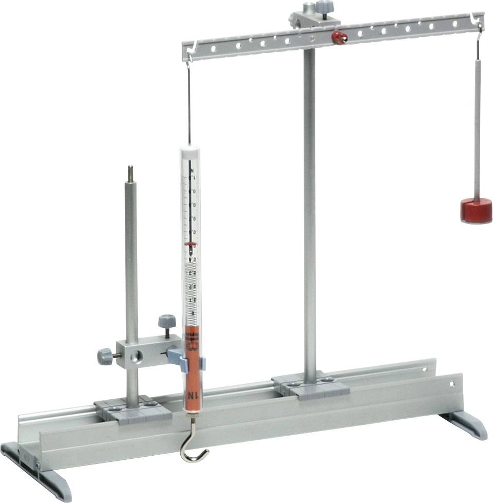 Eine physikalische Anordnung mit einer Federwage, einem hängenden Gewicht auf der rechten Seite und einer verschiebbaren Markierung zur Messung der Zugkraft in Newton.