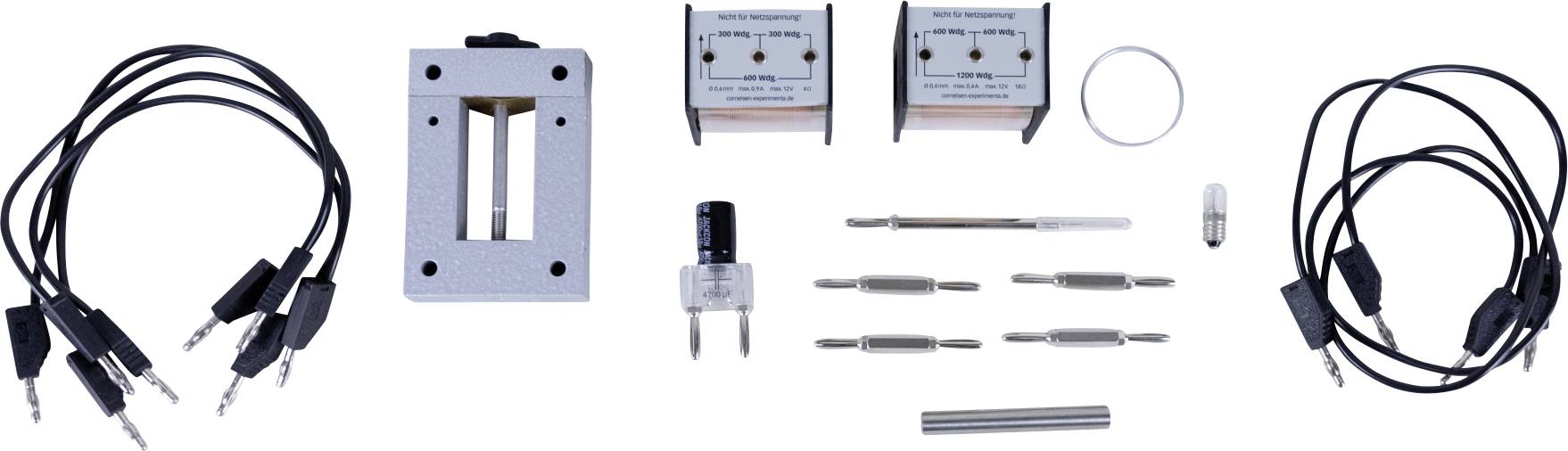 Elektophysiologie-Aufbaukomponenten einschließlich Kabel, Elektrodenhalter, Verstärker und Mikromanipulator-Teile, die auf weißem Hintergrund angeordnet sind.