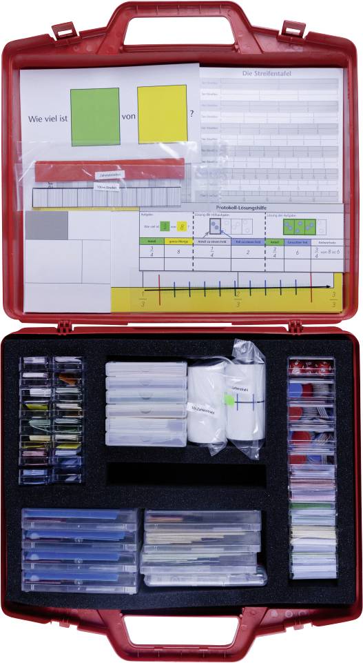 Ein roter Koffer, der offen liegt und verschiedene Unterrichtsmaterialien zeigt, darunter Karten, Marker und Arbeitsblätter, die wahrscheinlich zum Unterrichten von Mathematik verwendet werden.