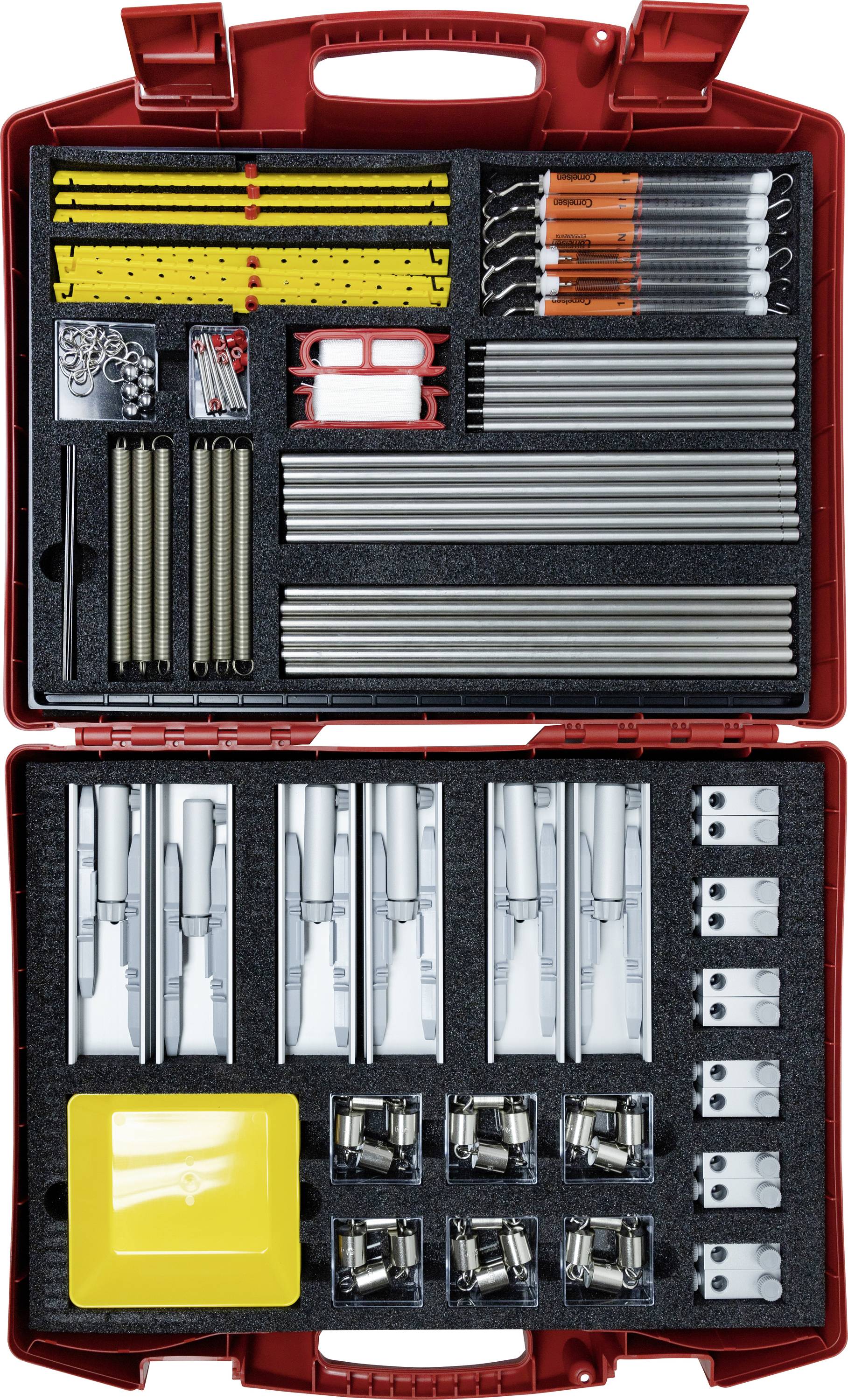 Eine rote Werkzeugkiste mit verschiedenen Werkzeugen und Komponenten ordentlich organisiert, einschließlich Schraubenschlüssel, Stangen, Befestigungselemente und kleine Hardwareteile.