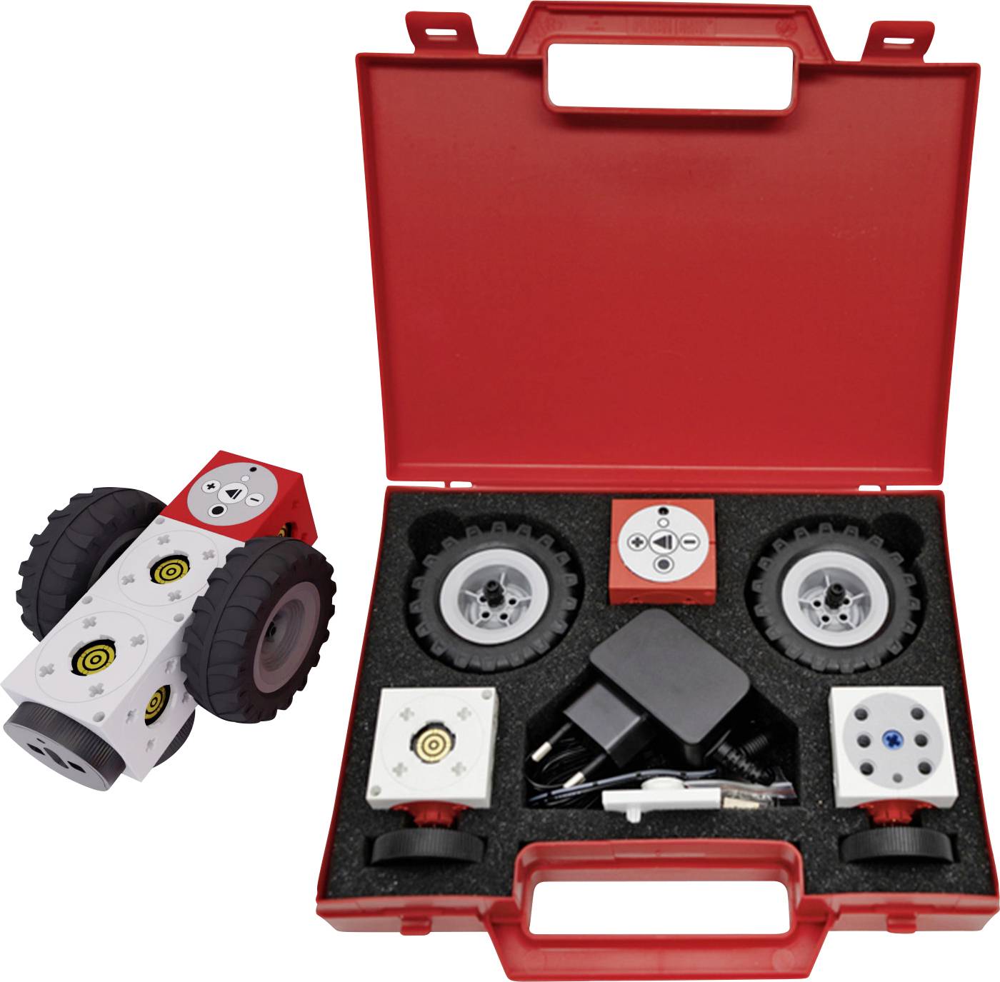 Rot gefärbte Roboter-Bausatz-Box offen mit Roboterteilen und Werkzeugen; zusammengebauter Roboter mit Rädern daneben.