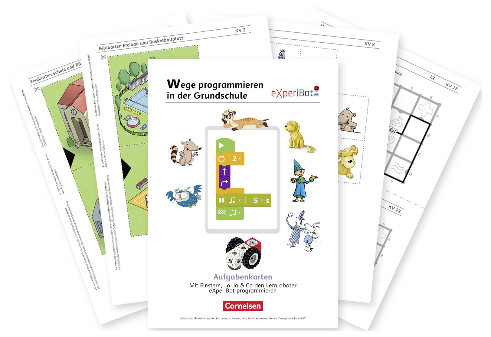 Aufgabenheft mit dem Titel 'Wege programmieren in der Grundschule' zeigt verschiedene Illustrationen, darunter Tiere und ein Roboter.