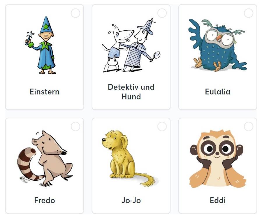 Sechs Illustrationen von Comicfiguren: Ein Magier, ein Detektiv mit Hund, ein Vogel, ein Ameisenbär, ein gelber Hund und ein Affe.