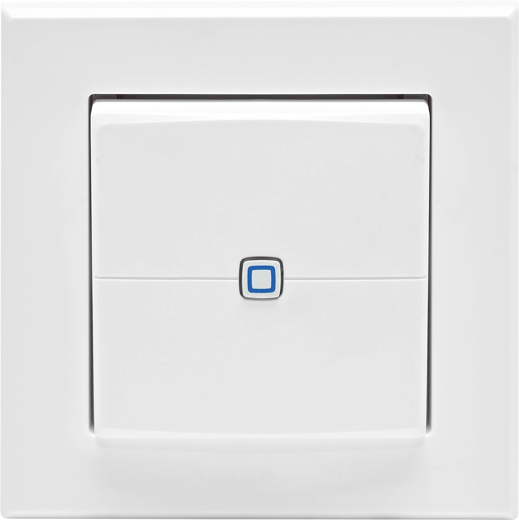 Ein weißer quadratischer Lichtschalter mit einem kleinen blauen Indikator in der Mitte.