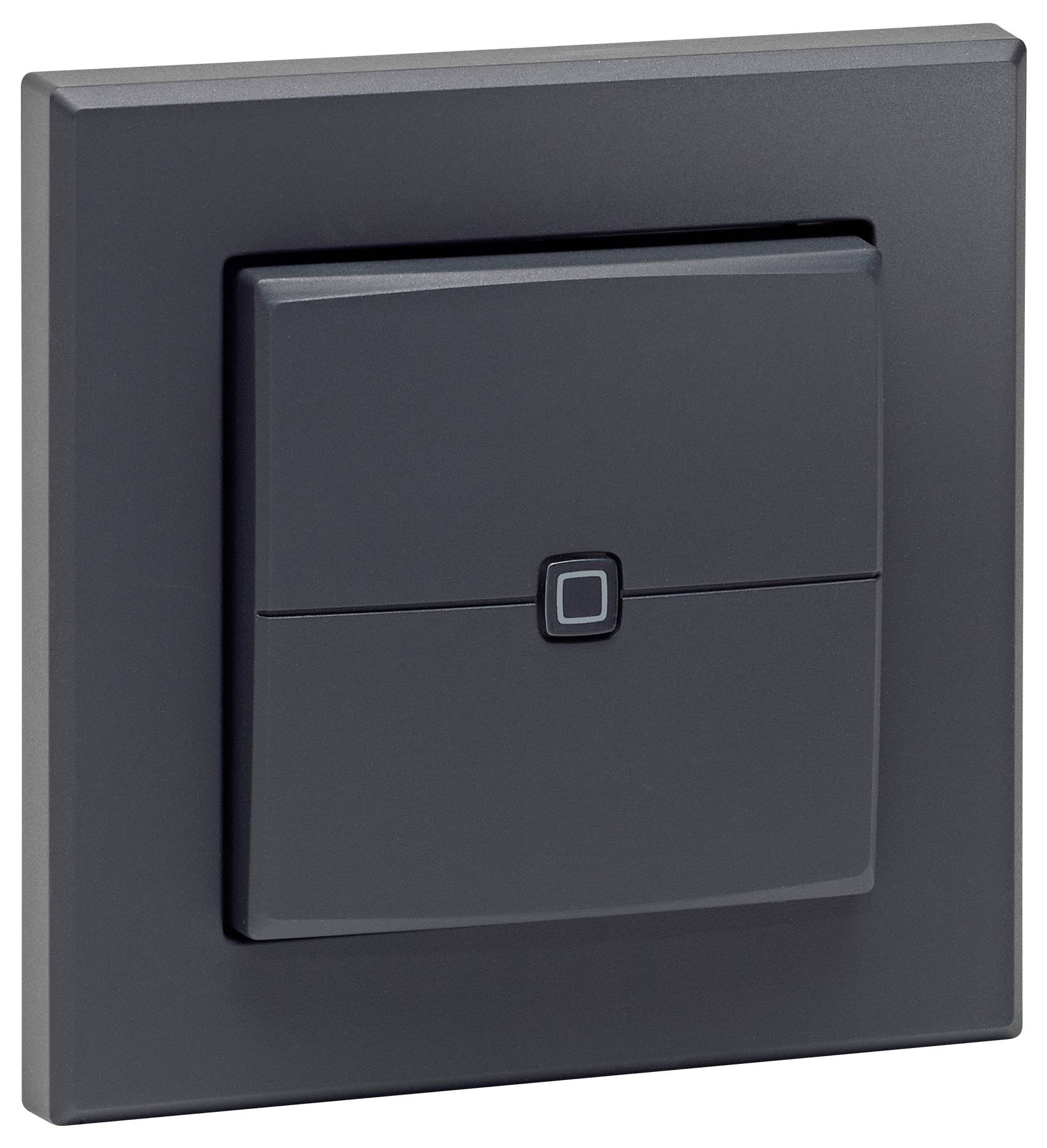 Ein moderner, quadratischer, schwarzer Lichtschalter an einer Wand, mit minimalem Design und einem mittig positionierten Knopf.