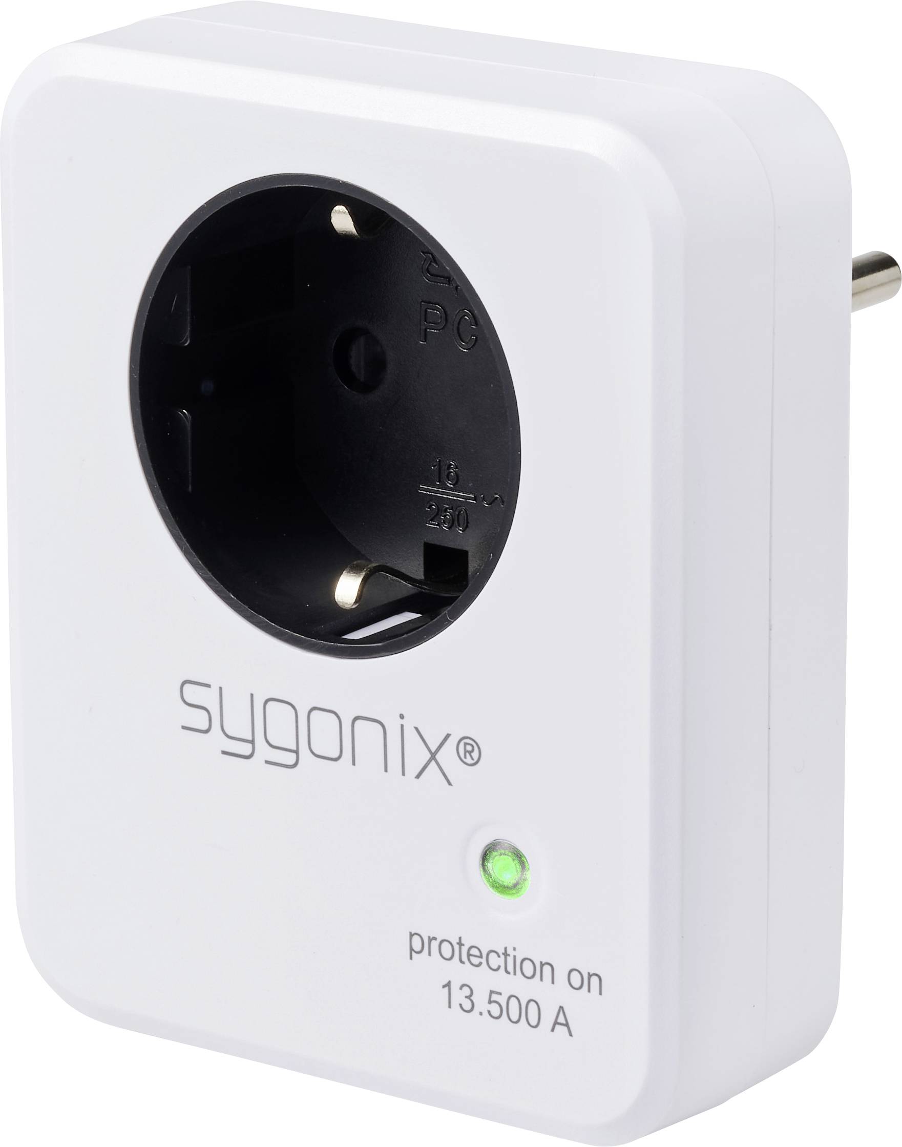 Weiße Sygonix Steckdosen-Überspannungsschutz-Adapter mit deutschem Stromstecker und grüner Statusleuchte mit der Aufschrift „Schutz aktiv 13.500 A