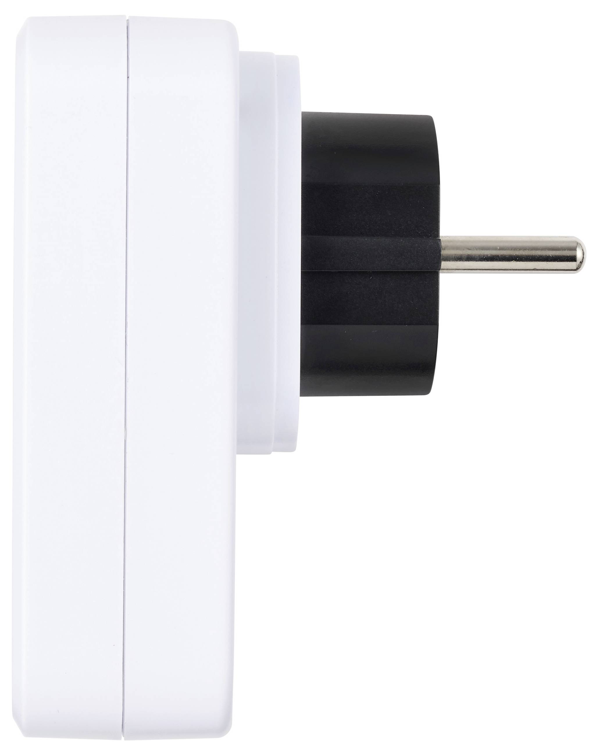 Nahaufnahme einer Seitenansicht eines weißen Stromstecker-Adapters mit einem schwarzen Stecker und zwei runden Metallstiften auf weißem Hintergrund.